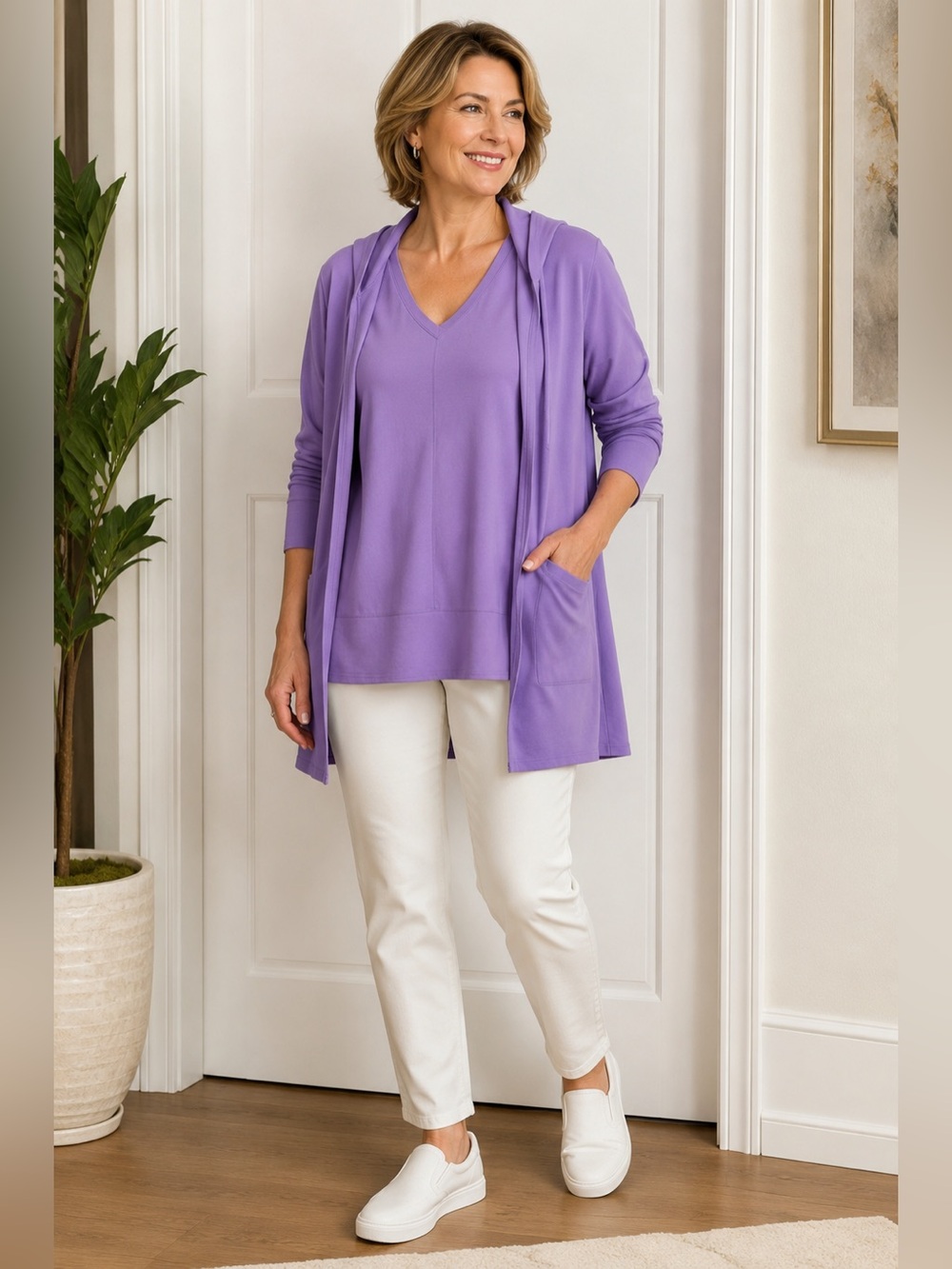 Jones New York Lavender 2 Piece Set L V Neck Top Hooded Cardigan NWOT